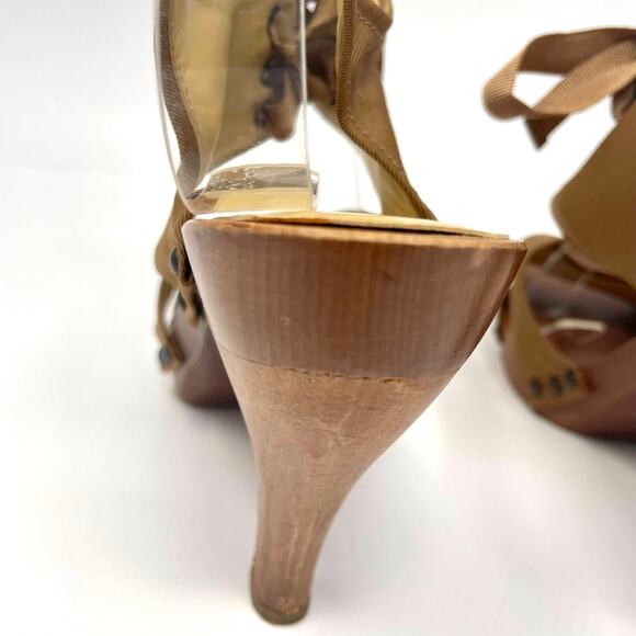 STELLA MCCARTNEY Brown Grosgrain Lace Up Sling Back Heels - Picture 8 of 12